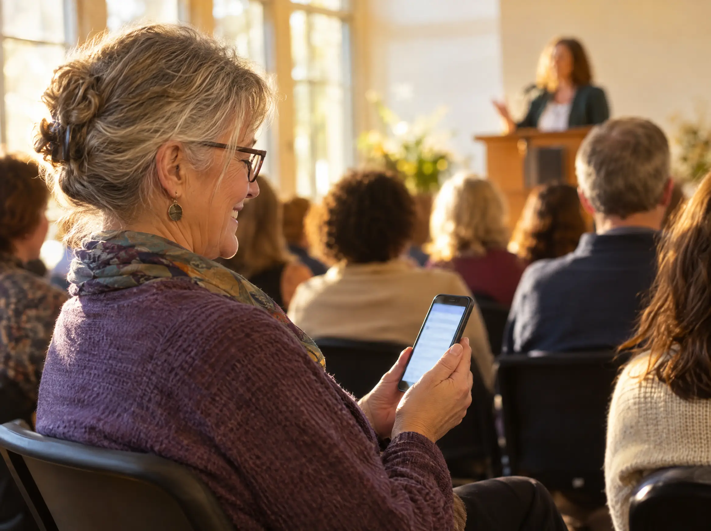 A Deaf woman following a speaker on her phone at a community event