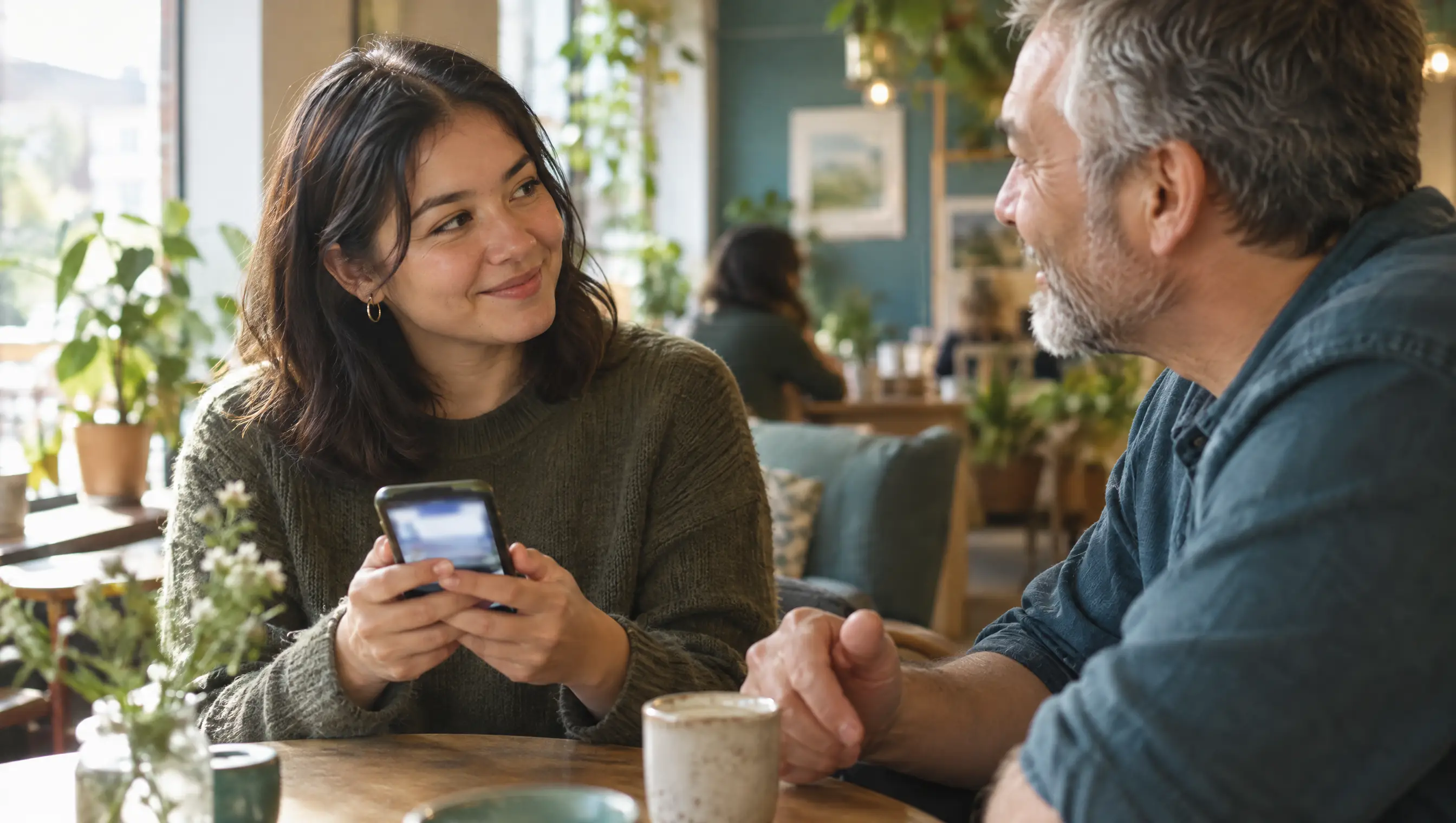 A Deaf woman holding a phone while a man talks to her at a cafe table