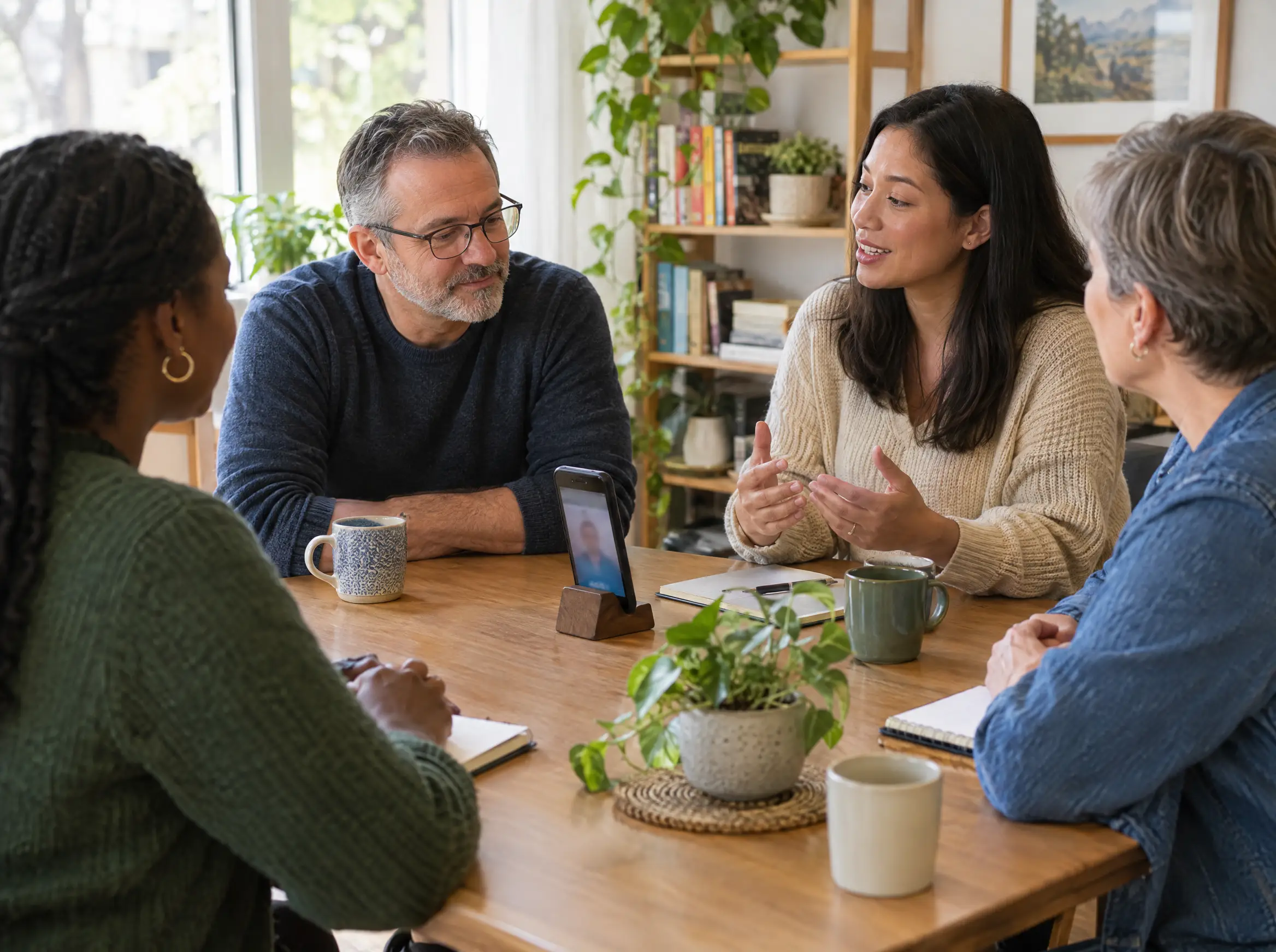 A team meeting with a phone on a stand in the middle of the table